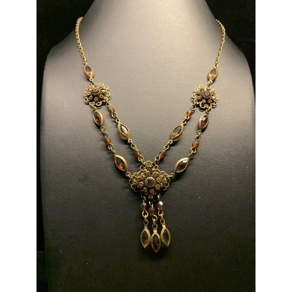 Vintage Avon Necklace Bronze Amber Tone Filigree Layered Statement Necklace 18"